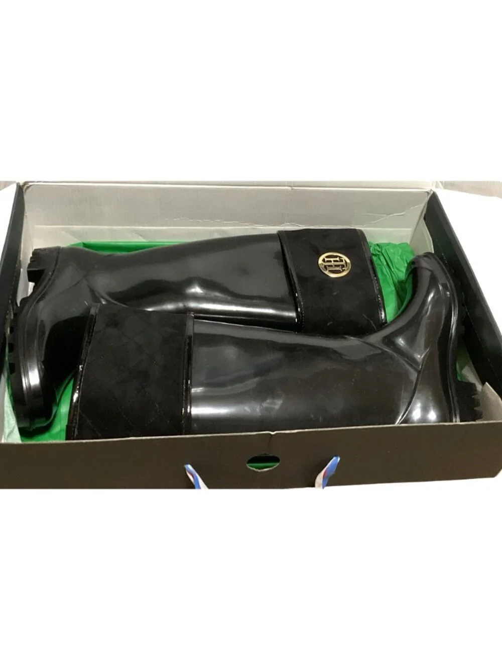 Tommy Hilfiger Shiner Black Knee High Rain Boots w/ Box Sz 6 Tall Riding Style